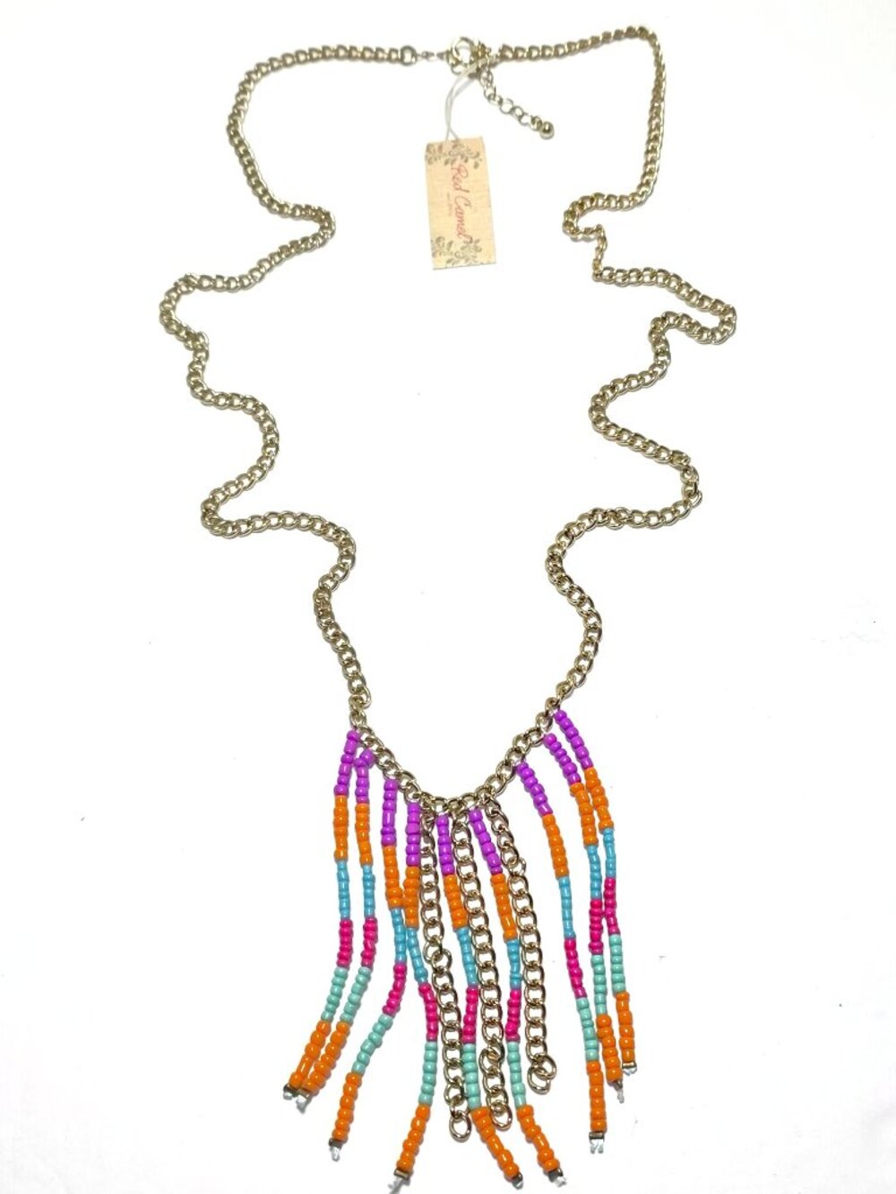 Red Camel Multicolor Beaded Fringe Pendant Necklace NWT $20